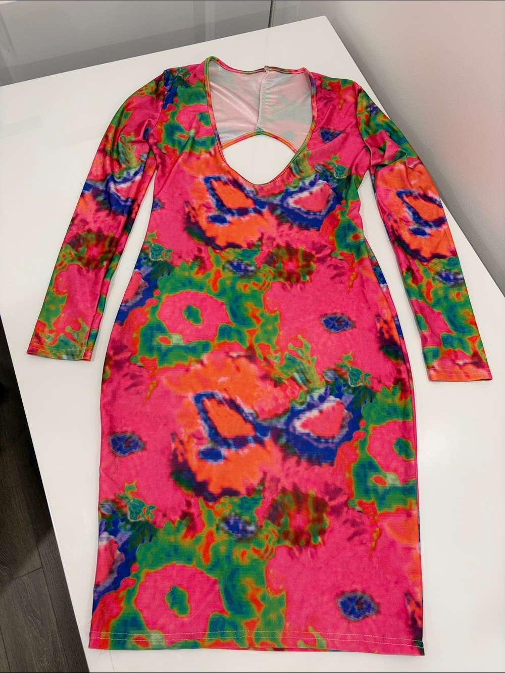 Vibrant Pink Tie-Dye Cutout Bodycon Dress